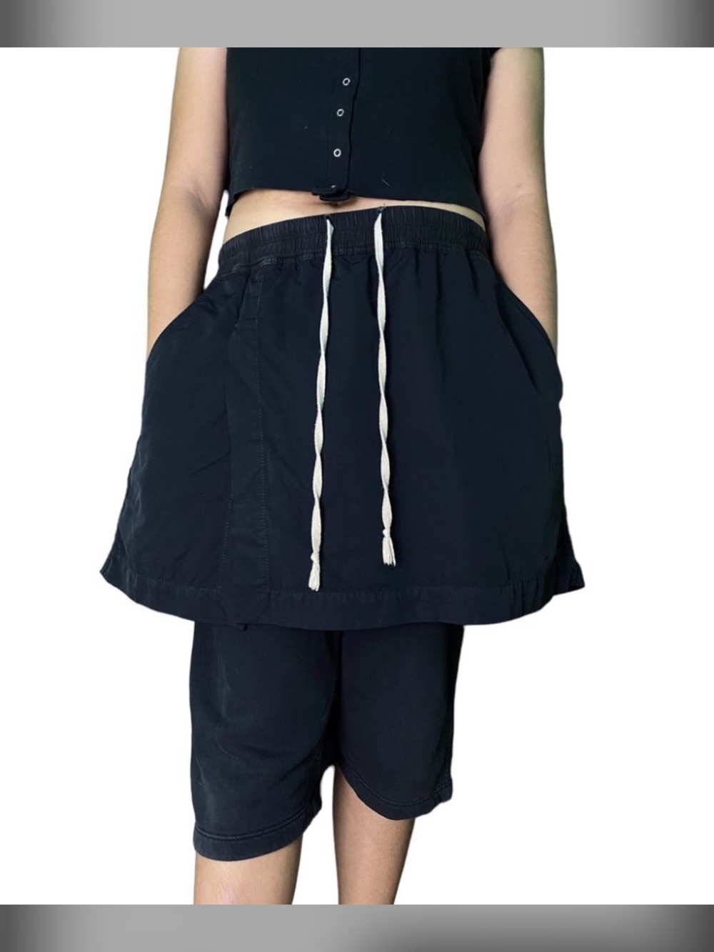 Rick Owens Black Skort Shorts with White Drawstrings